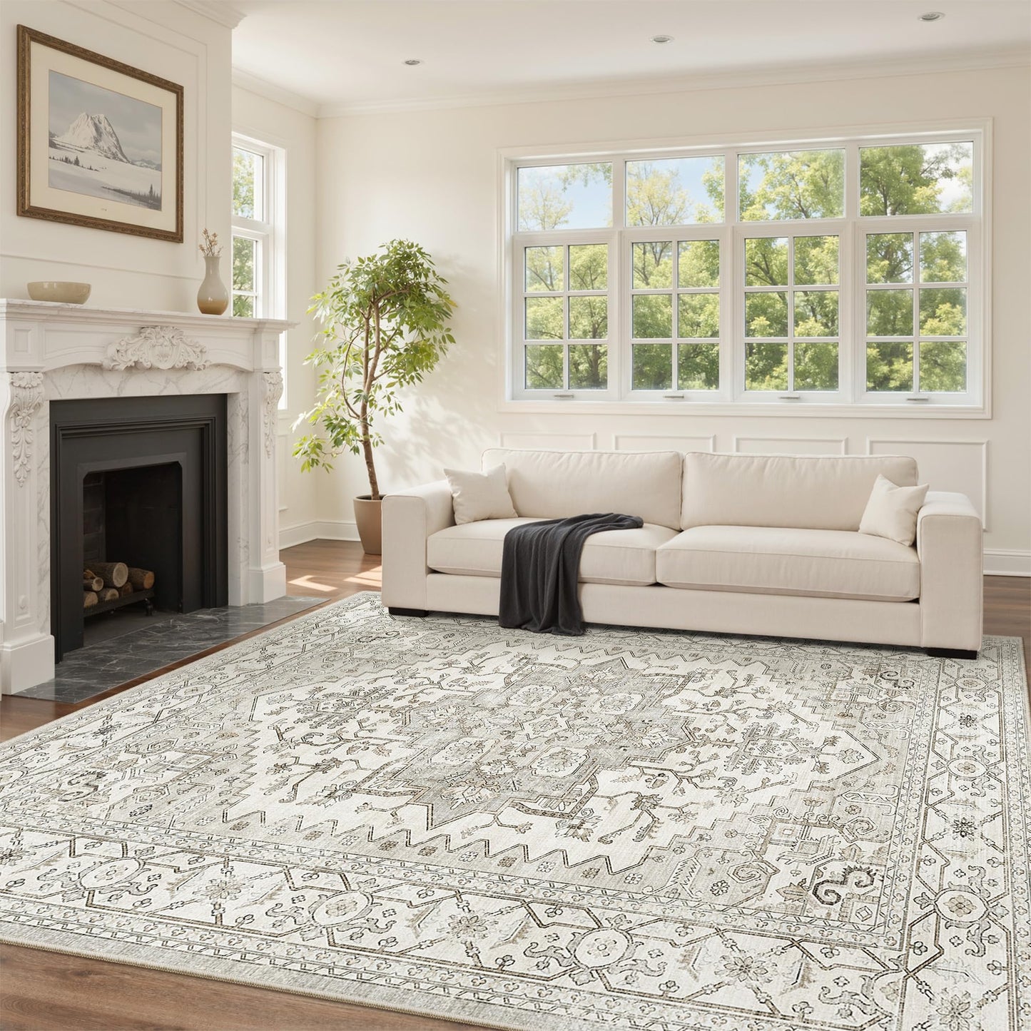 Area Rugs for Living Room - 9x12, Boho Non-Slip Low Pile Carpet Machine Washable Rugs for Bedroom, Farmhouse, Office, Dining Room (Beige)