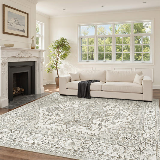 befbee Washable Area Rug 5x7, Area Rugs Stain Resistant Neutral Washable Rugs for Living Room Bedroom Vintage Non-Slip Thin Large Size Area Rug（Beige）