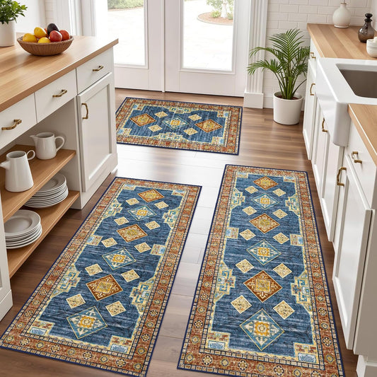 Tritard 100% Non Slip Kitchen Rugs Sets of 3 Washable Boho Kitchen Mats for Floor Vintage Farmhouse Kitchen Rug Soft Runner Rug for Hallway, Laundry Room, Indoor Entryway, Blue