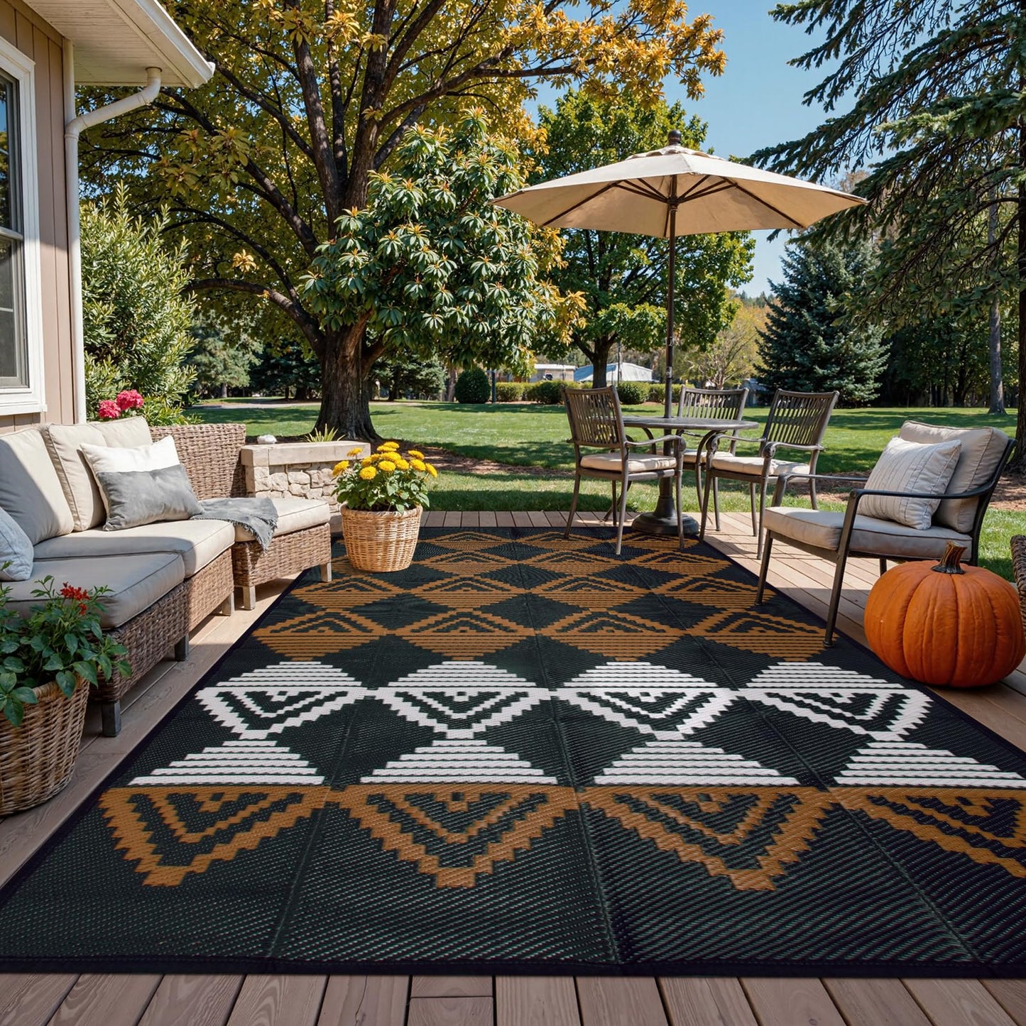 Beeiva Outdoor Rug 8x10 Waterproof for Patio, Reversible Outdoor Patio Rug for Deck, Backyard, RV Camping, Plastic Straw Rug Black Brown