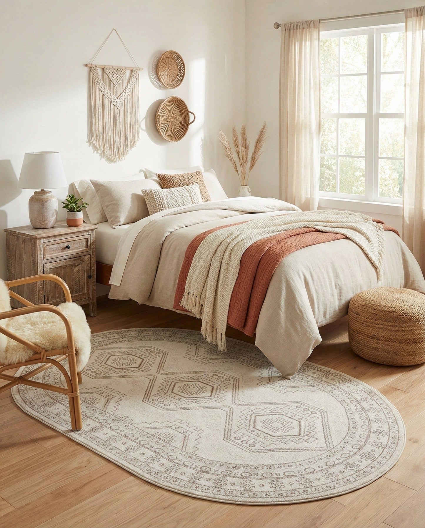 Rugs.com - Charlotte Rug – 5' 3 x 8' Oval Ivory Stain-Resistant Easy-Clean Rug – Rustic Old World Geometric Design for Living Rooms, Bedrooms, and Dining Rooms