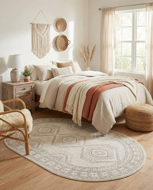 Rugs.com - Charlotte Rug – 5' 3 x 8' Oval Ivory Stain-Resistant Easy-Clean Rug – Rustic Old World Geometric Design for Living Rooms, Bedrooms, and Dining Rooms