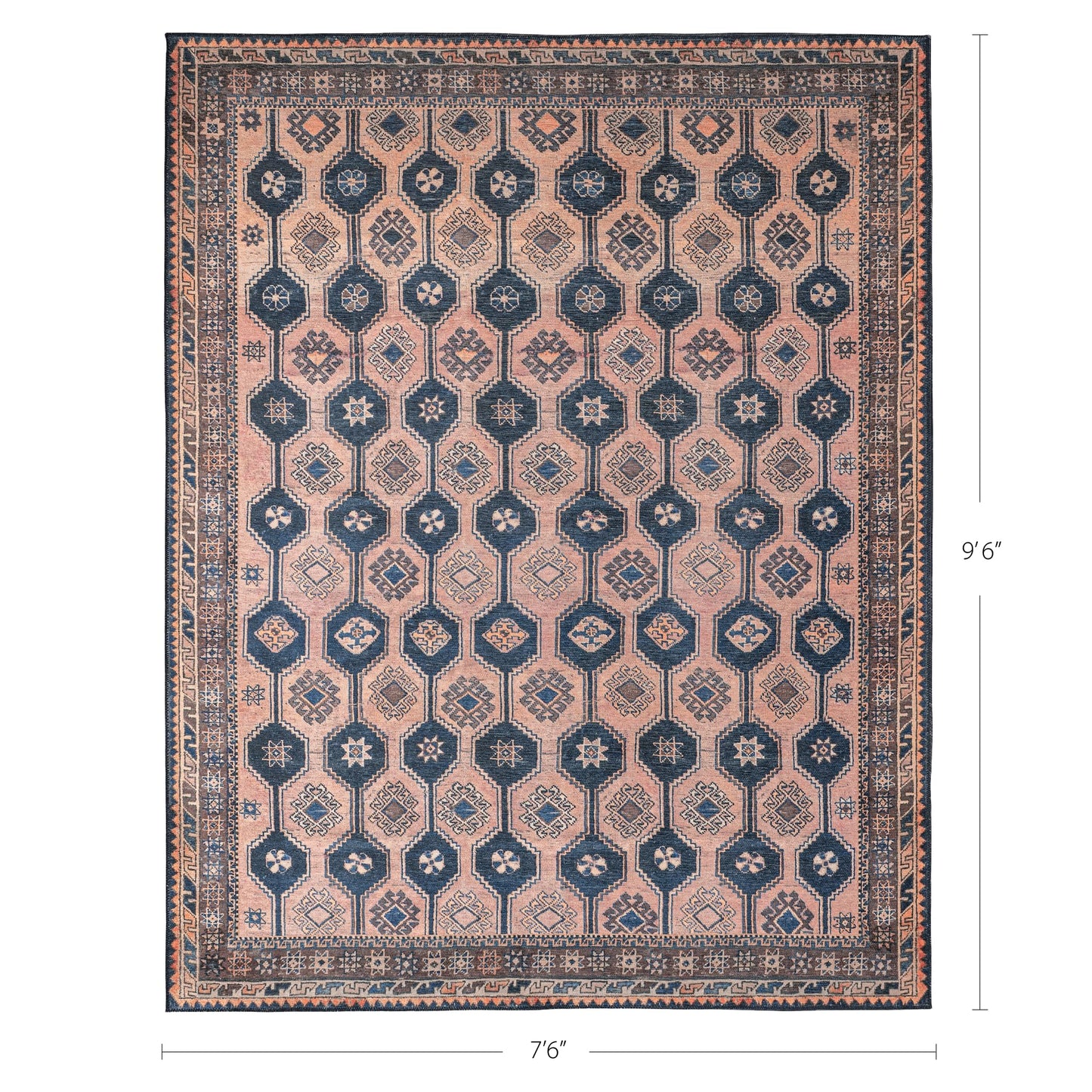 KNOTTING MATTERS Indiclay 7’6” x 9’6” Area Rug – Blush Pink & Deep Navy Heritage Flatweave, Low-Pile – Easy Clean Area Rug – Perfect for Living Room, Dining Room, Bedroom – Pet & Kid Friendly