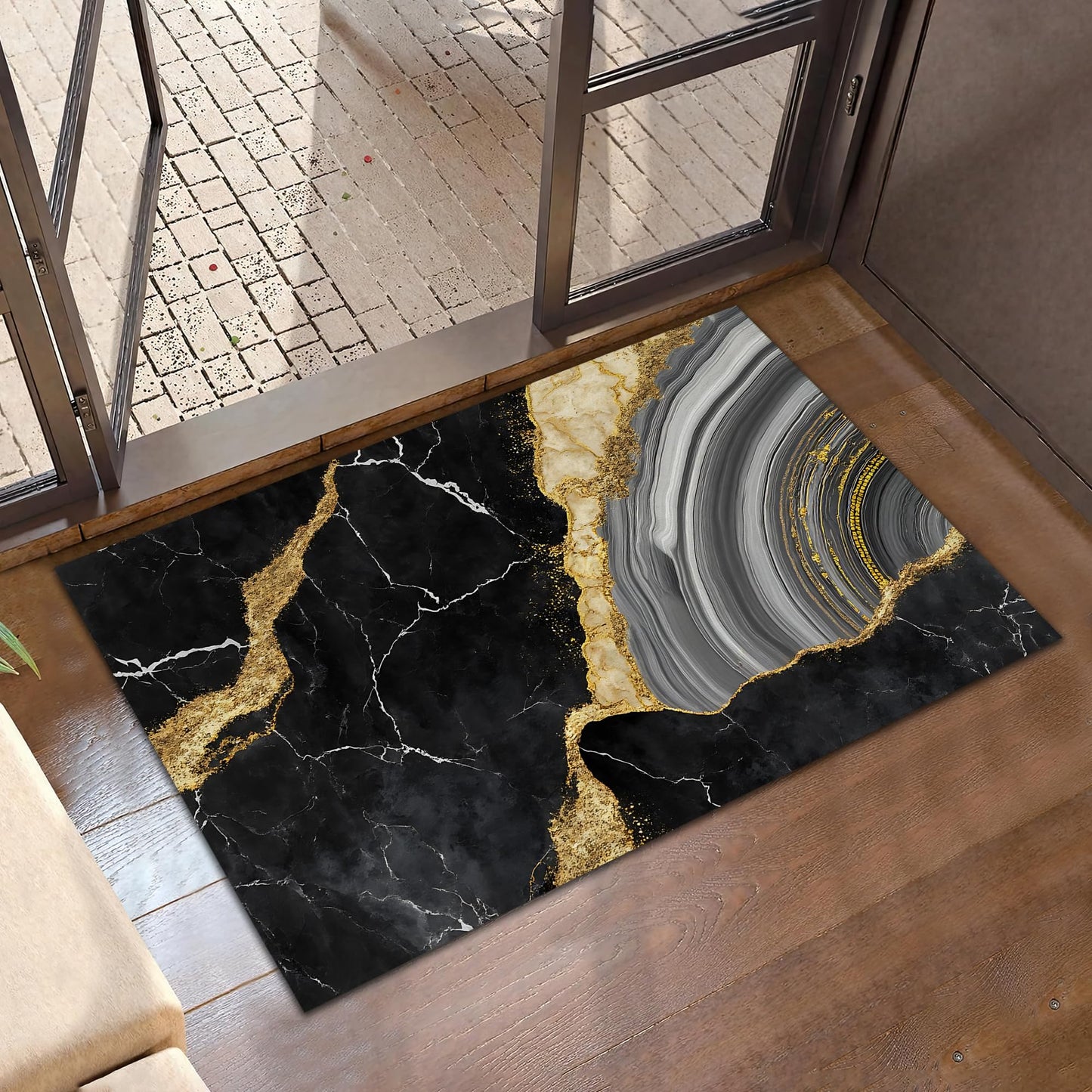 Indoor Rugs for Entryway,Black Gold Marble Welcome Mat for Home,Modern Simple Low Profile Entrance Rugs Non-Slip Doormats for Back Door Patio, Porch,Home Stairway,30 x 17 Inch