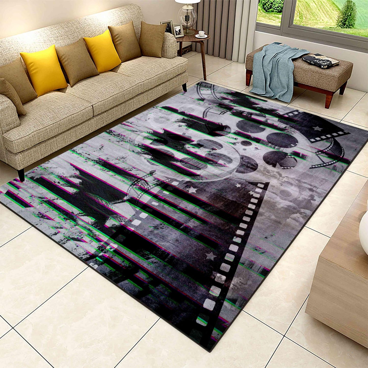 Puyosvr Retro Cinema Movie Area Rug,Non-Slip Filmstrrip and Popcorn Patterned Rug,Cinema Sign Carpet for Sofa Living Room Kitchen Play Mat Nursery Throw Rugs Yoga Mat (2, 4x5ft)