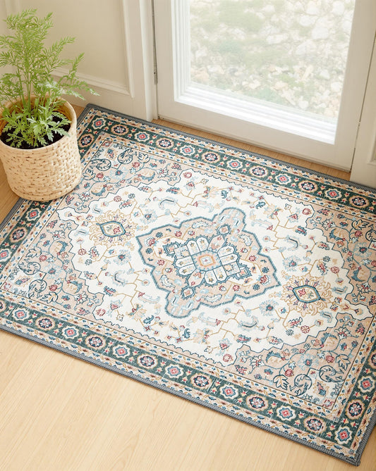 MINIDEAR 2x3 Area Rugs for Entryway Kitchen, Washable Rug Small Rugs for Bedroom Non Slip Vintage Rug with Floral Print Carpet Mat for Home, Khaki