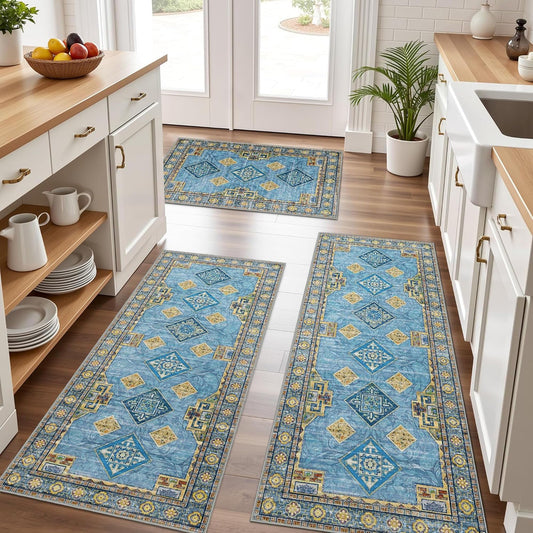 Tritard 100% Non Slip Kitchen Rugs Sets of 3 Washable Boho Kitchen Mats for Floor Vintage Farmhouse Kitchen Rug Soft Runner Rug for Hallway, Laundry Room, Indoor Entryway, Light Blue