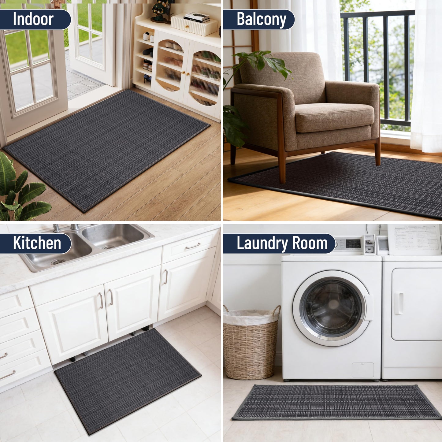 Indoor Front Door Mat Entry Mat 24"x36", Braided Low-Profile Welcome Door Mat Indoor Entrance, Non Slip Rubber Back Inside Entryway Doormat Washable Dirt Resistant & Absorbent, Black/Dark Gray 2x3 ft
