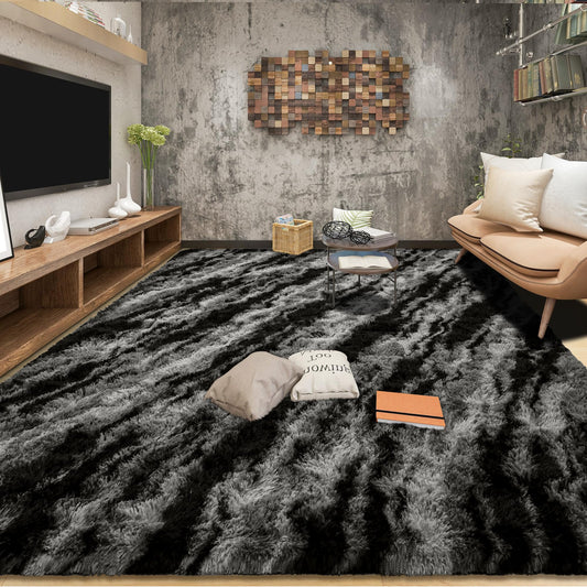 Tepook Fluffy Large Rugs for Living Room, 8x10 Area Rugs for Bedroom, Modern Shag Fuzzy Carpets for Kids Boys Girls, Plush Indoor Nursery Home Decor Rug with Non-Slip Bottom, Black Grey