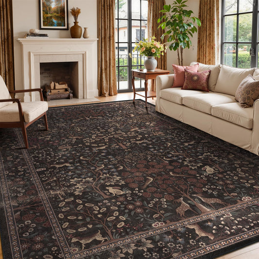 Jainmy Chestnut Brown 8x10 Area Rugs for Living Room, Floral Animal Print Bedroom Rug Vintage Farmhouse Style, Tree of Life Natural Dining Room Rug Washable Non Slip, Thin Carpet for Palyroom Office
