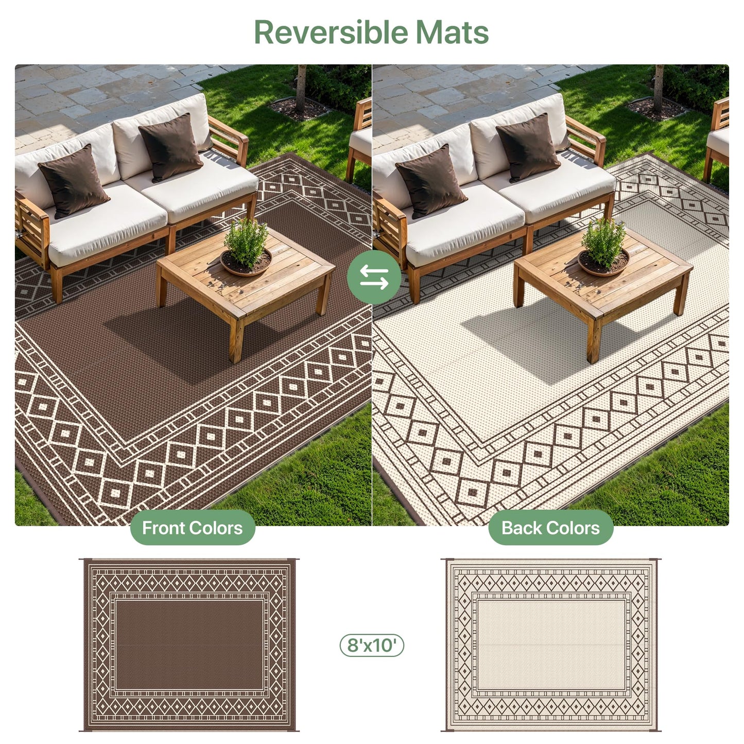 GENIMO Outdoor Rug Waterproof for Patio, 8'x10' Foldable Reversible Plastic Straw Carpet for Travel Trailers, Outside Area Mat for Rv, Deck, Picnic, Porch, Camper, Balcony, Beach, Coffee & Beige