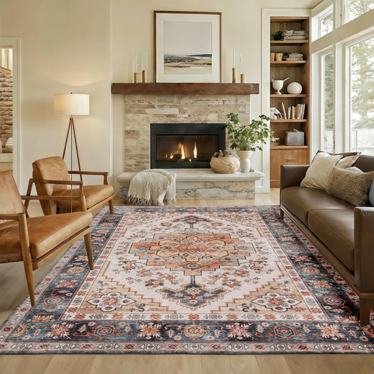 HOMCOM Machine Washable Area Rug, 4'x6' Vintage Oriental Medallion Distressed Rugs for Living Room, Non-Slip Low Pile Boho Carpet for Bedroom Dining Room, Soft Printed Floor Mat, Tawny Brown