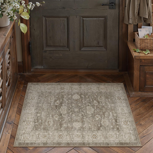 PureCozy 2x3 Washable Entryway Area Rug Brown Gray Vintage Low Pile Carpet Non Slip Soft Door Mat Distressed Indoor Floral Accent Retro Rug for Bedroom Living Room Office Dining Room Kitchen Laundry