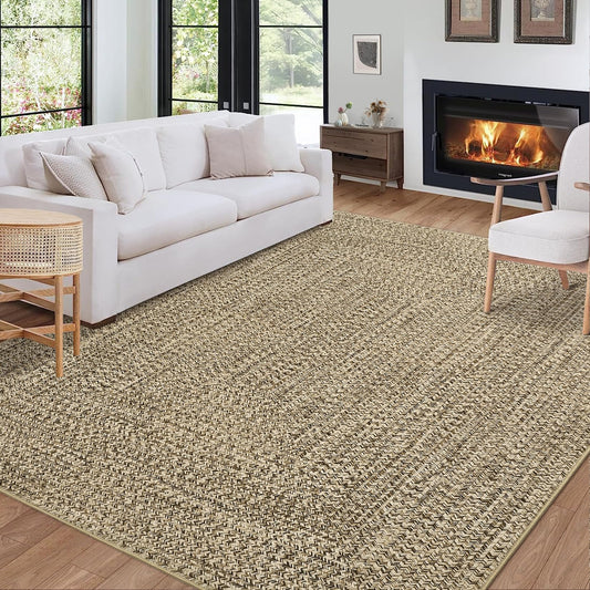 ROYHOME Washable Area Rug 5x7 Print Braided Machine Washable Rug Solid Printed Textured Carpet Stain Resistant Non-Slip Farmhouse Floor Cover for Living Room Dining Bedroom Decor, Linen