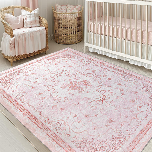 REBBORUG Pink Rug for Bedroom Girl Nursery - Bow Kids Rugs, Cute Coquette Teen Girls Room Decor Aesthetic, Pastel Rug 5x7, Washable Vintage Cottage Core Area Rugs for Playroom Toddler Baby Dorm