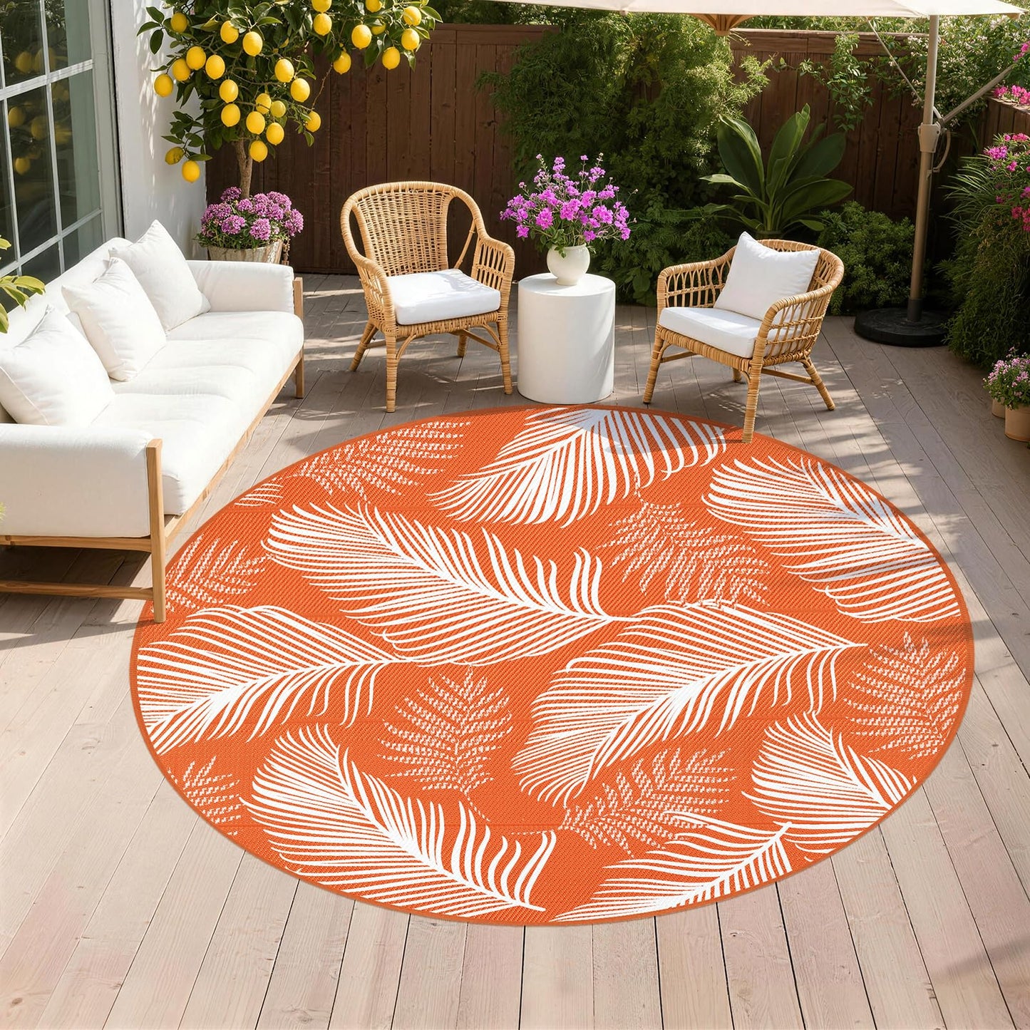 Pauwer Waterproof Outdoor Rug 8ft, Reversible Plastic Straw Patio Camping Rug, Indoor Outdoor RV Mat Carpet for Deck, Camper, Porch, Balcony, Backyard, Picnic, Leaf Orange