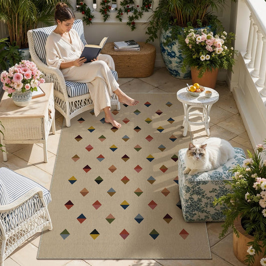 HUGEAR 3x5 Jute Outdoor Indoor Checkered Rug Washable Linen Textured Weave High Traffic Stain Resistant Non Slip Durable Carpet for Patio Deck Balcony Courtyard (Rainbow, 3' x 5')