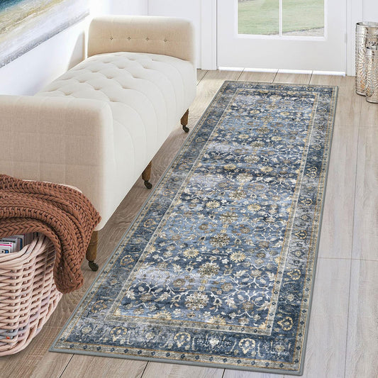 KUTA Vintage Washable Runner Rug, 2x6 Blue Grey Beige Runners for Hallways Non-Slip Kitchen Bathroom Rugs Ultra Thin Soft Printed Oriental Floral Floor Carpet for Laundry Bedroom Living Room Nursery