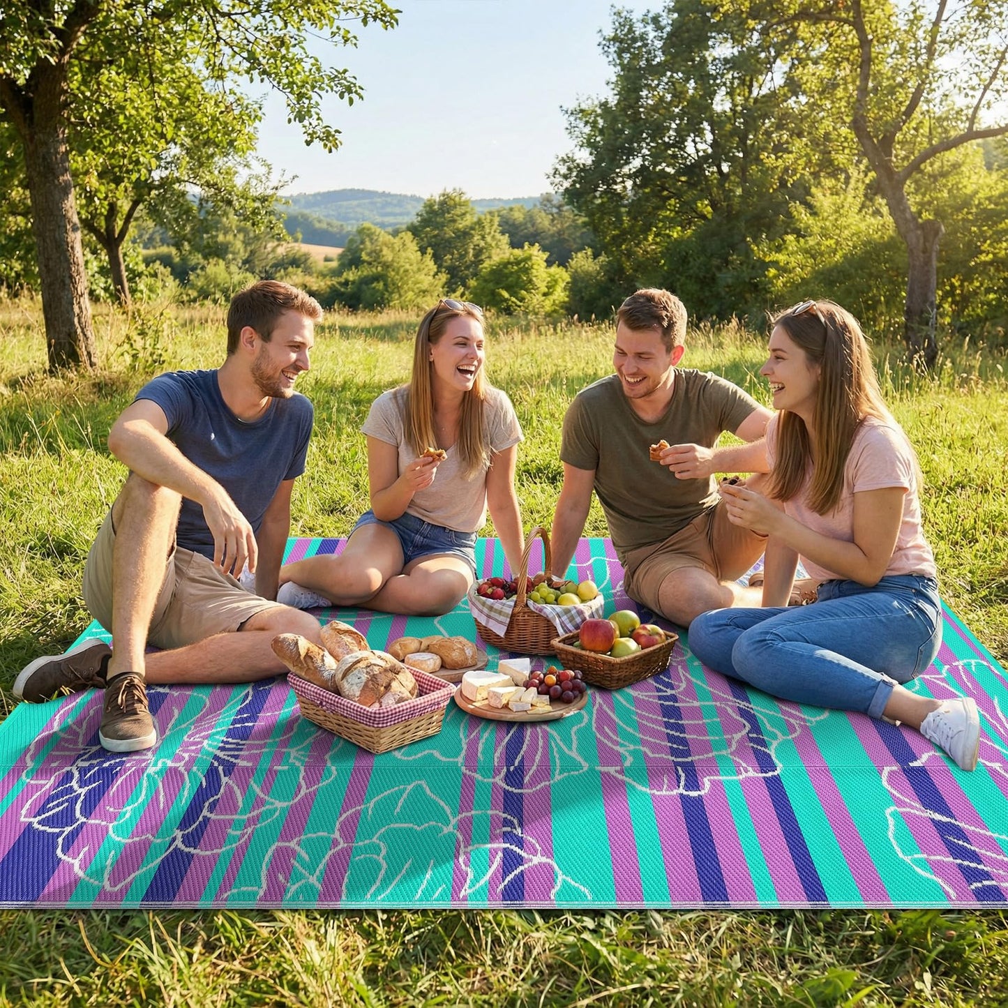 Garvee 5x8 Outdoor Waterproof Rug, Floral Outdoor Area Rug，Reversible Plastic Straw Patio Rug, Portable Camping Mat for RV, Picnic, Beach, Balcony, Garden & Camping Purple&Blue