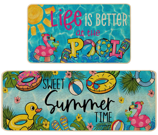 Baccessor Summer Pool Kitchen Rugs Set of 2, Poolside Tropical Flamingo Kitchen Mats Non-Slip Low Profile Seasonal for Floor Hallway Laundry Sink Patio Porch Home Decor 17x29 and 17x47 Inch