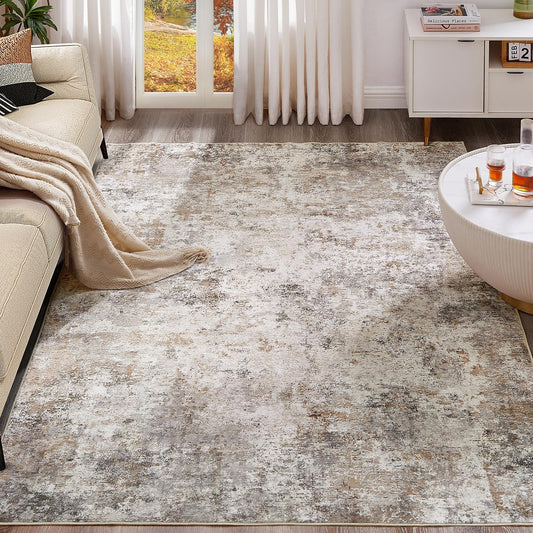 UERMEI 9x12 Washable Area Rug - Neutral Modern Abstract Living Room Rugs, Non-Slip Soft Large Indoor Floor Carpet for Bedroom Home Office & Under Dining Table Decor, Brown Grey