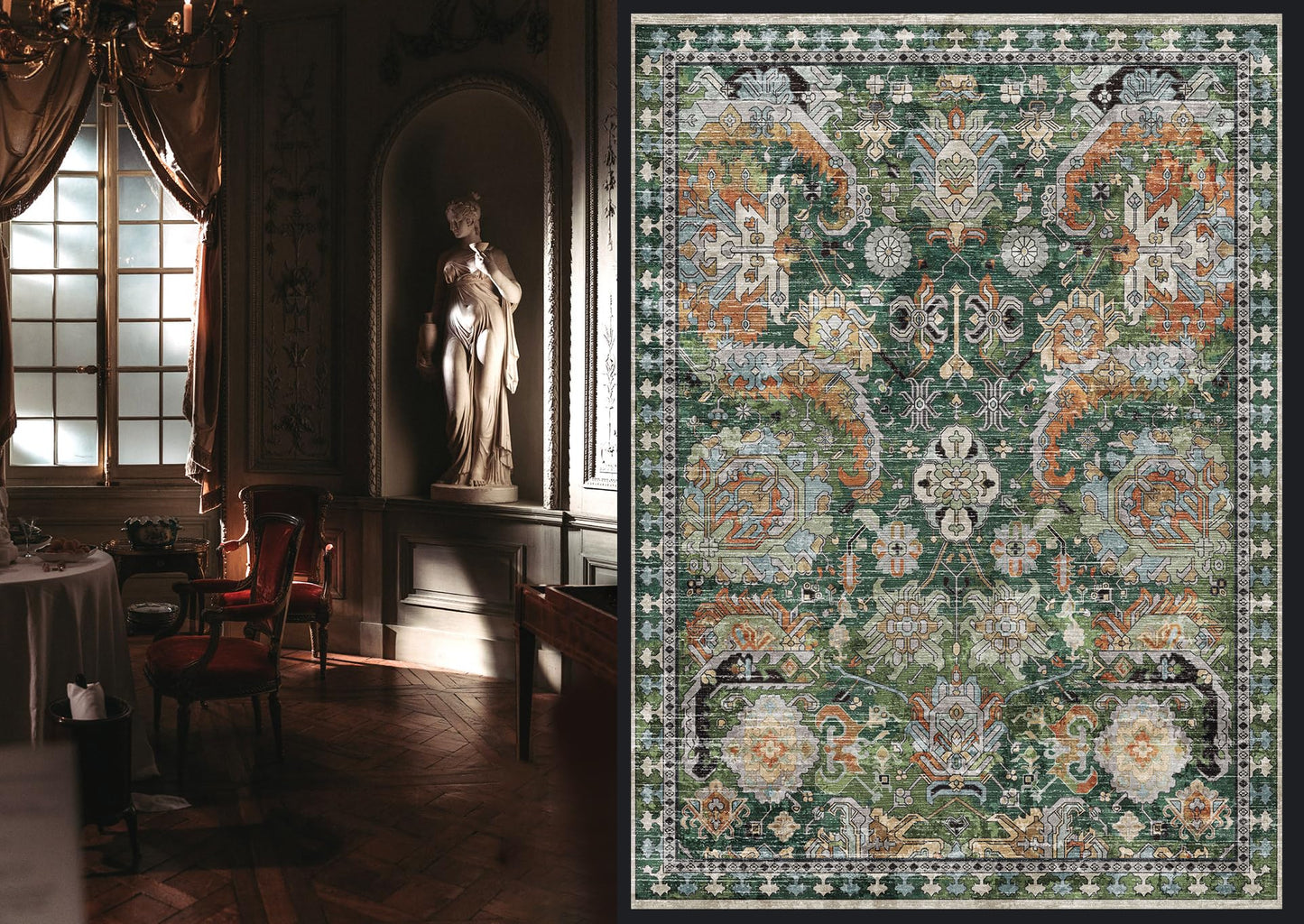 RUGSURE Washable Area Rugs - Perfect for Living Room, Bedroom, Kids Room, Nursery - Stain & Water Resistant Non-Slip, Pet & Child Friendly, Vintage Tribal Area Rugs (Green, 3' x 5 ')
