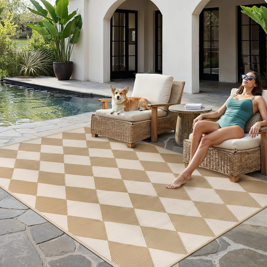 WondRg Outdoor Plastic Checkered Rug Waterproof Patio 6x9 Beige Brown Diamond Geometry Mat for Porch Camping RV Balcony Deck Courtyard Reversible Lightweight Durable Portable