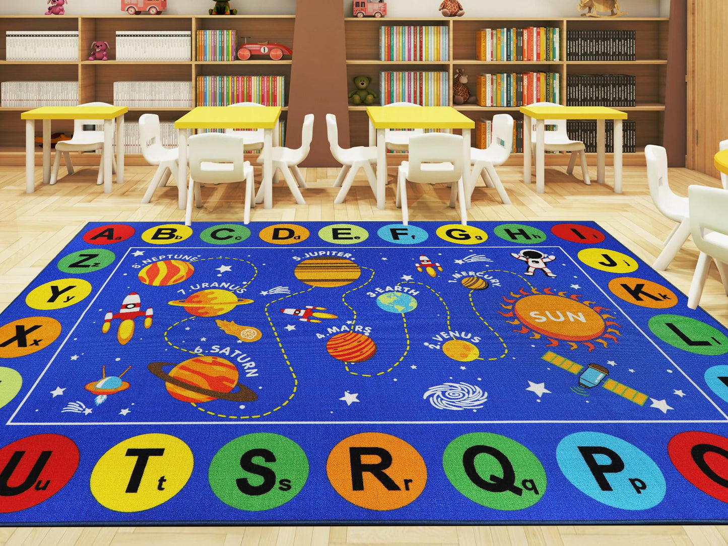 Capslpad Outer Space Classroom Rugs 6.6'x9.8' Non Slip ABC Alphabet Classroom Rug Elementary Solar System Kids Carpet Playmat Rug Educational Learning Kids Area Rug for Preschool Nursery Classroom