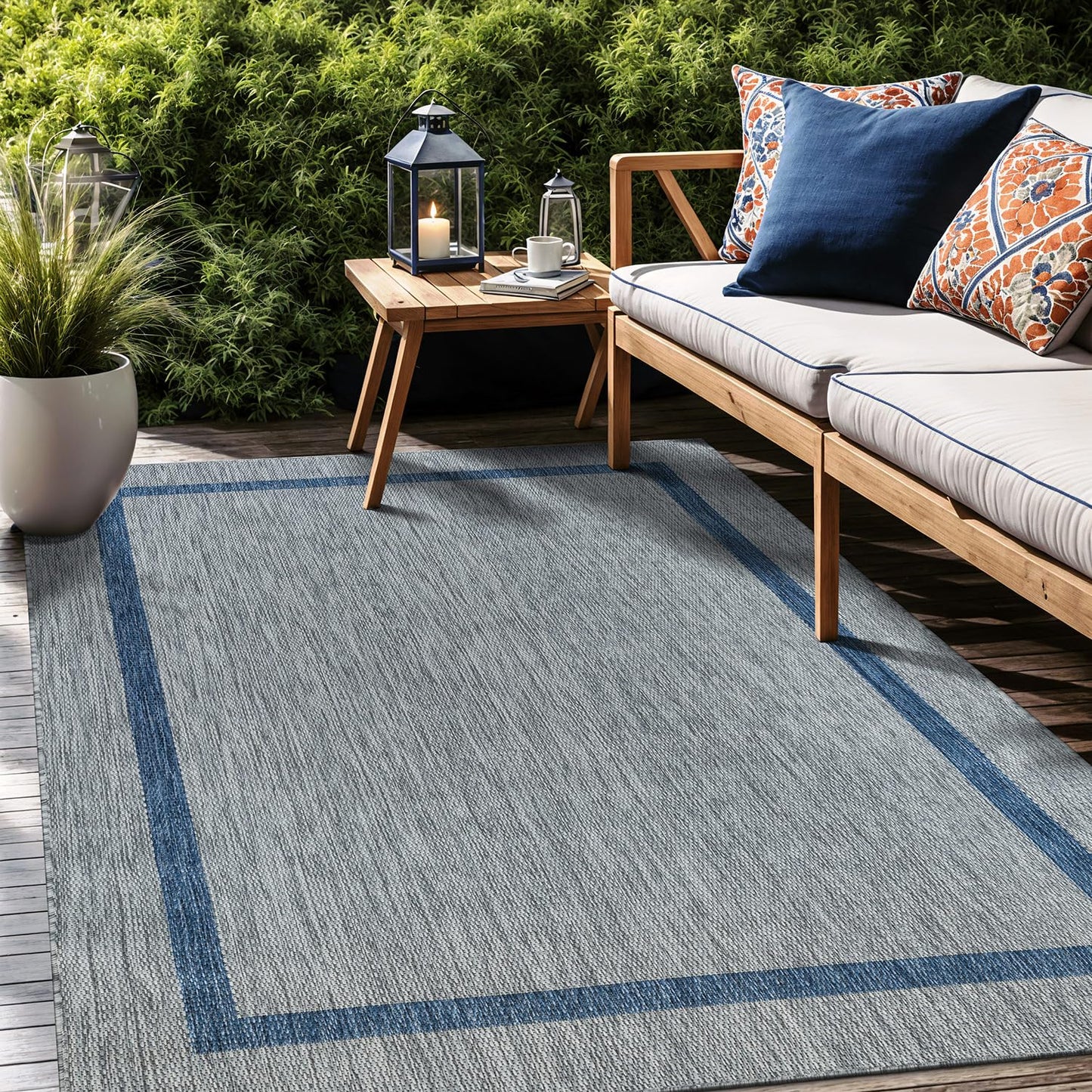 Luul Home Bordered Outdoor Rug 8x10 Washable Outside Carpet for Indoor Patio Porch Waterproof Easy Cleaning Non Shedding Area Rugs Silver Gray - Blue 8 x 10