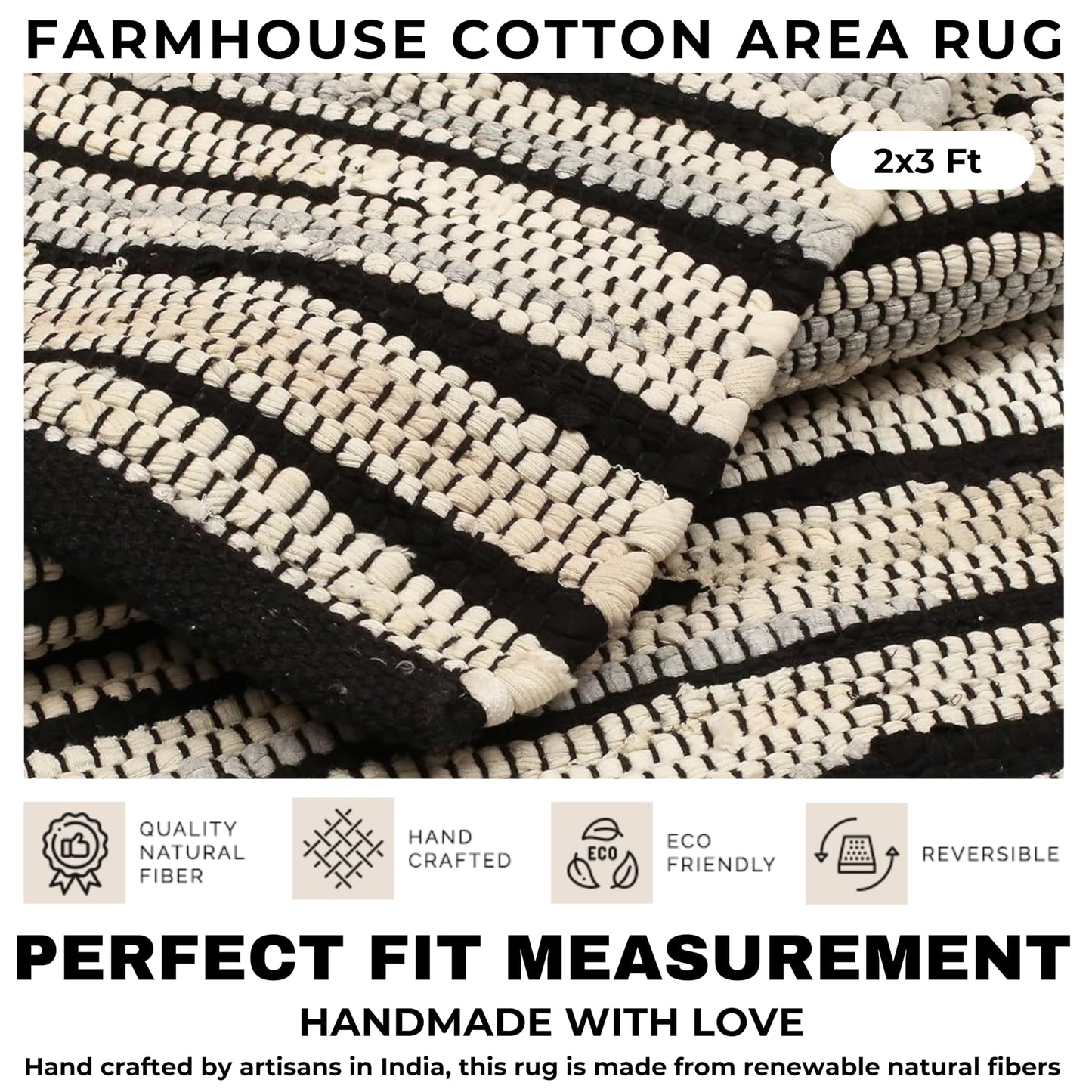 Handmade Woven Tonal Chindi Rug 24 x 36 Inch, Reversible Cotton Braided Area Rug, Grey Multi Farmhouse Throw Rug for Entryway, Kitchen, Bathroom, Bedroom and Living Room