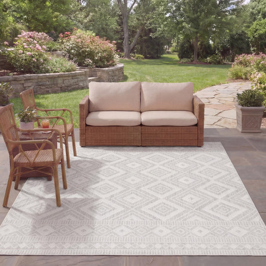 SAFAVIEH Washable Rug Outdoor Courtyard Collection - 8' x 10', Ivory & Light Grey, Non-Shedding & Easy Cleaning, Ideal for Patio, Backyard, Mudroom, Dining Space (CY8998-55321)
