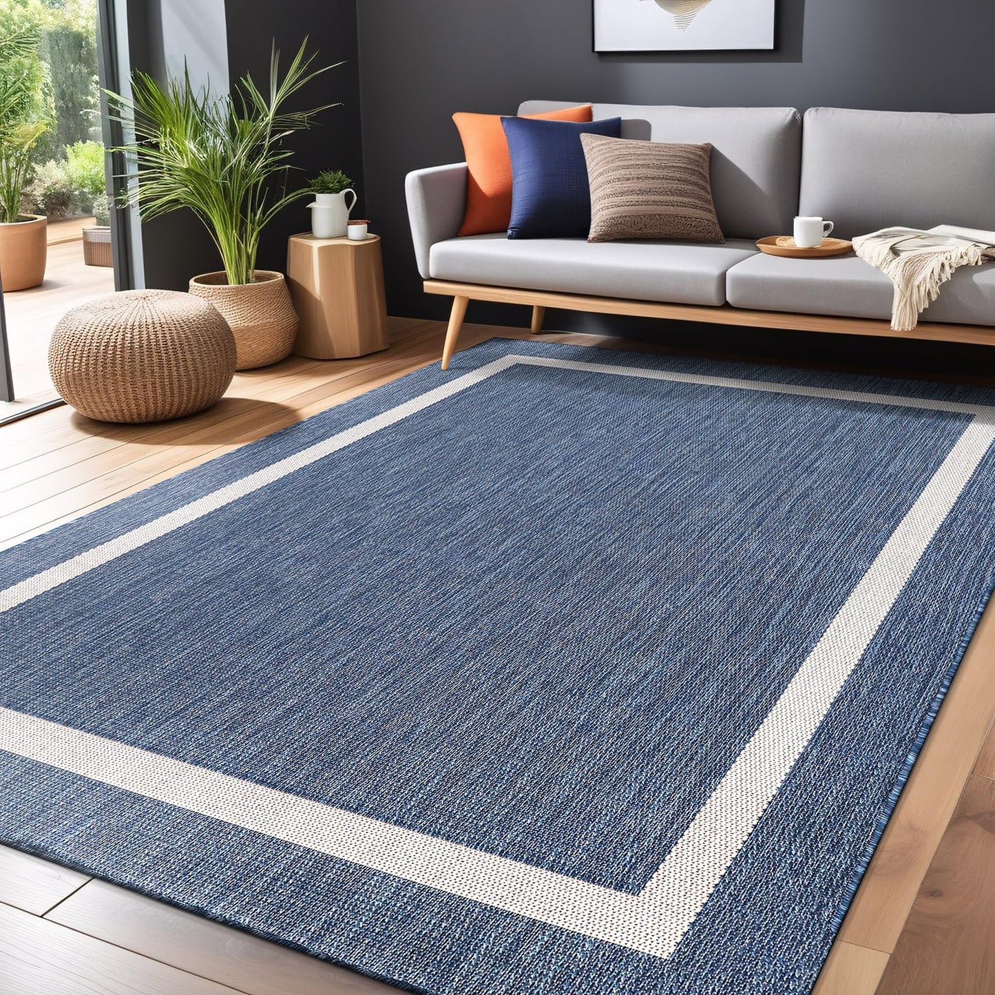 Luul Home Bordered Outdoor Rug 6x9 Washable Outside Carpet for Indoor Patio Porch Waterproof Easy Cleaning Non Shedding Area Rugs Blue 6 x 9