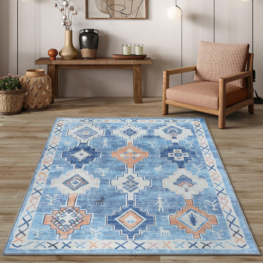 GIONARA Blue Oushak Area Rug 5x7 - Washable Vintage Turkish Rugs for Living Room, Traditional Foldable Low Pile Floor Cover Carpet Floral Pastel Area Rugs, Dining, Bedroom, Nursery, Kids Room, Kitchen