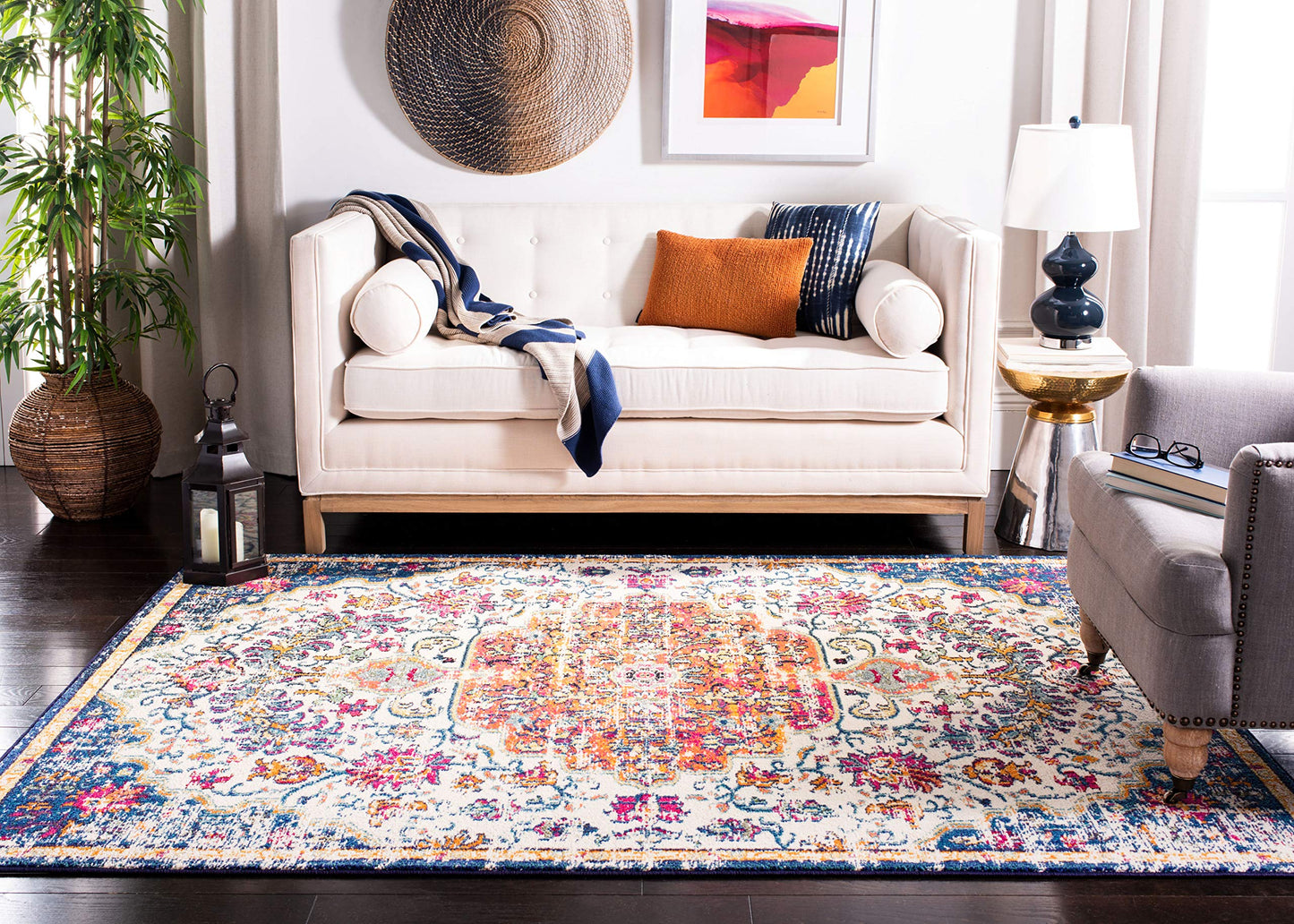 SAFAVIEH Madison Collection Area Rug - 9' x 12', Ivory & Orange, Boho Chic Medallion Distressed Design, Non-Shedding & Easy Care, Ideal for High Traffic Areas in Living Room, Bedroom (MAD447A)