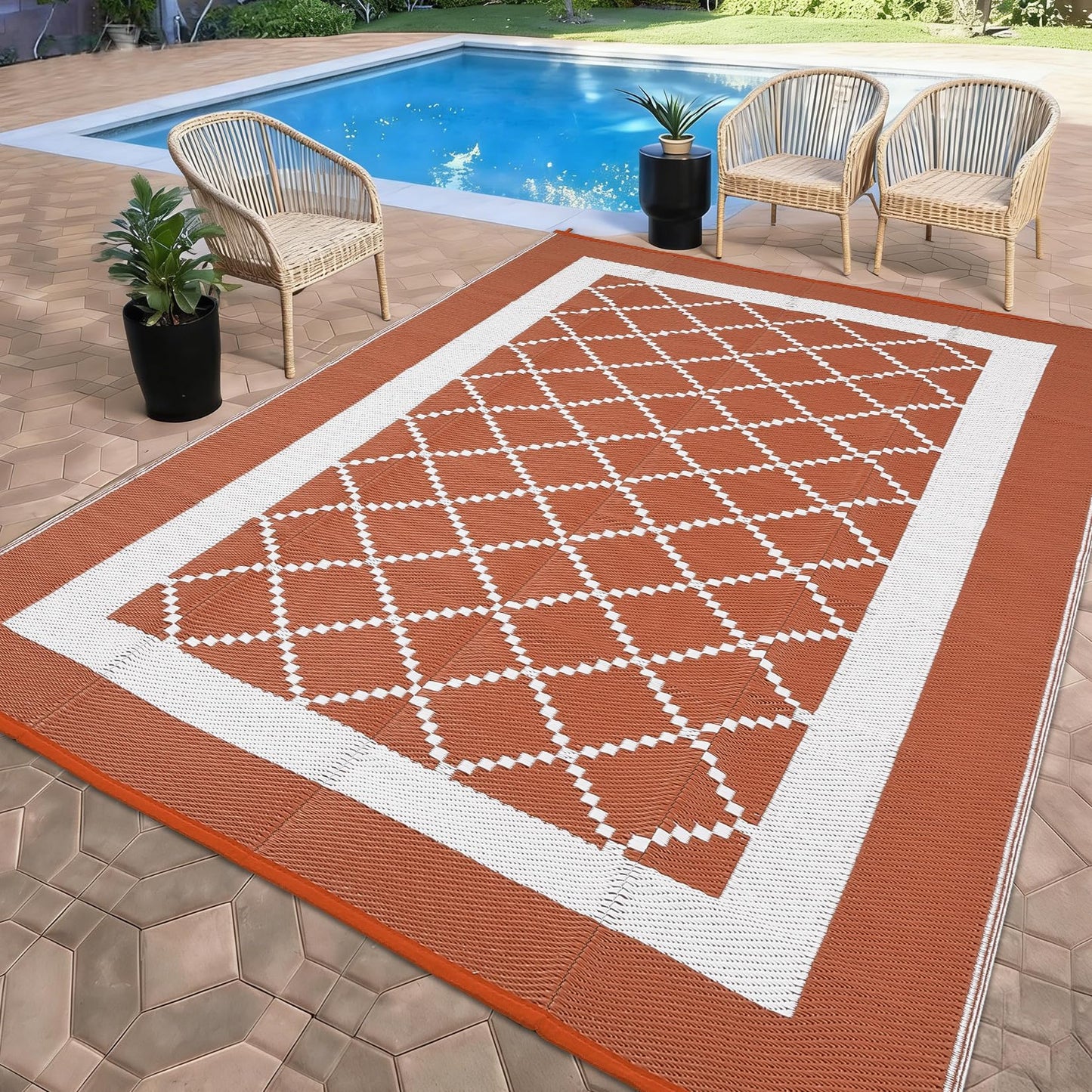 MilleLoom 9x12 Outdoor Rug Waterproof Foldable Plastic Straw Carpet for Patio Porch Modern Geometric Reversible Mat Lightweight Floor Mat for Picnic, Backyard, Rv, Beach, Deck, Camper, Balcony，Orange