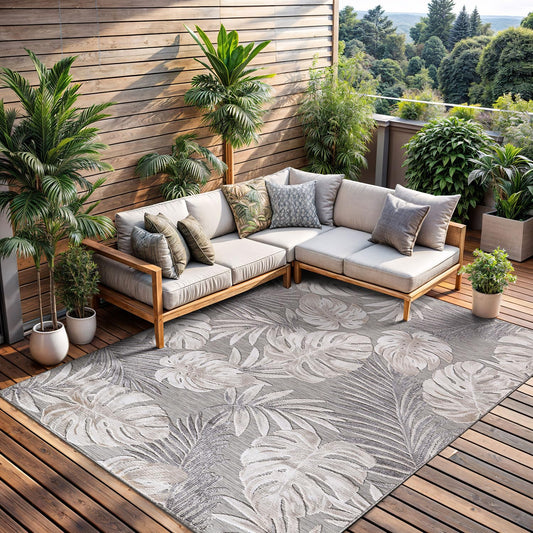 CAMILSON Indoor Outdoor Rug, Beige 5x7 Leaf Tropical Botanical Area Rugs for Indoor and Outdoor patios, Easy-Cleaning Non-Shedding Living Room, Garden and Kitchen Washable Outside Carpet (5 x 7)