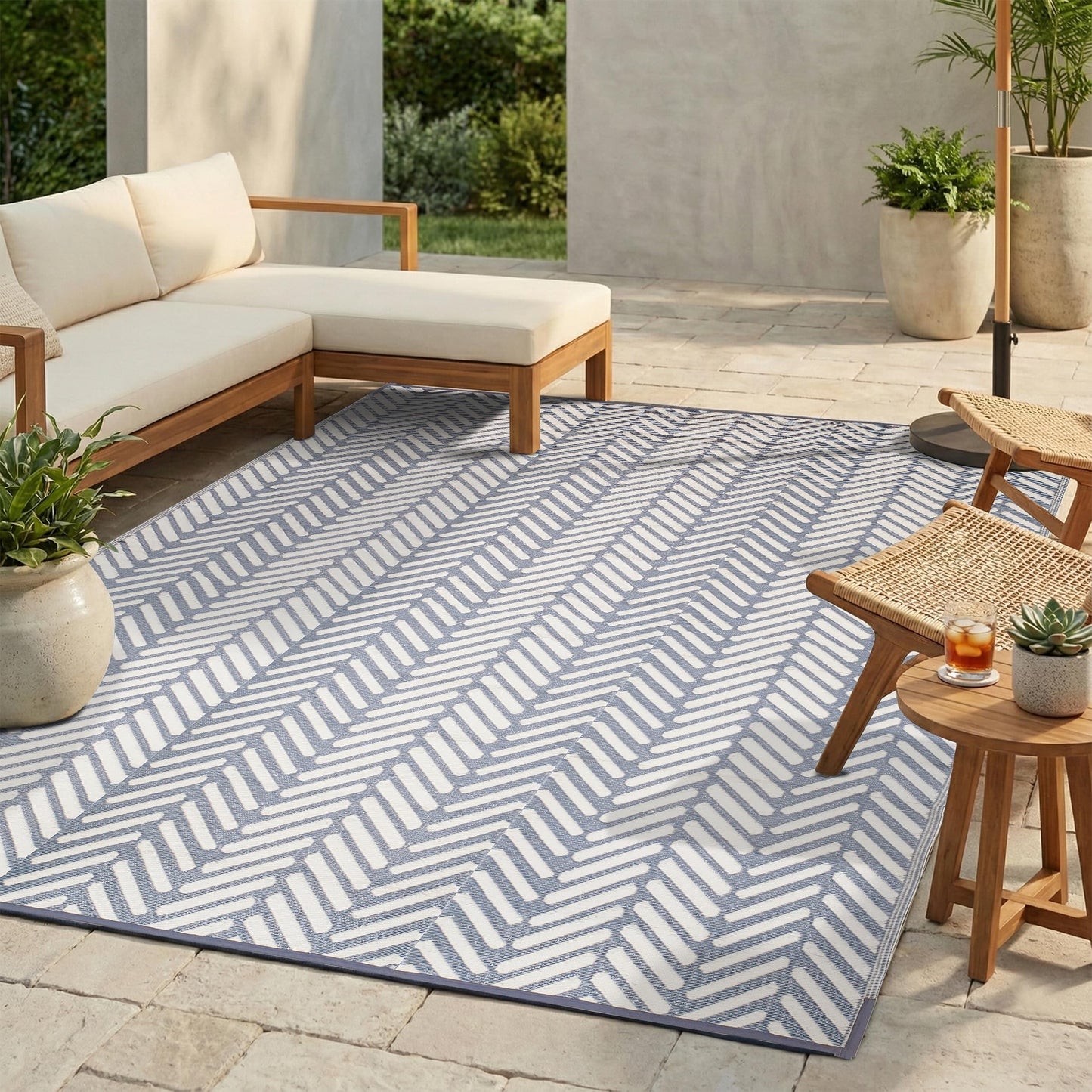 FH Home Outdoor Camping Rug - Waterproof, Fade Resistant, Reversible - Premium Recycled Plastic - Herringbone - Large Patio, Deck, Sunroom, RV - Fresno - Light Blue - 4 x 6 ft Foldable