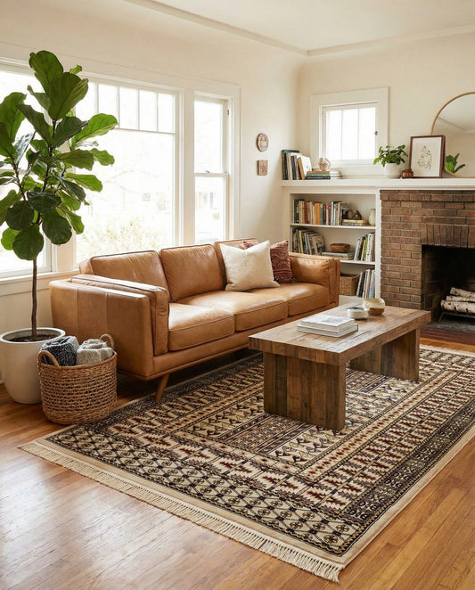 Rugs.com - Bokhara Rug – 5' 3 x 8' Beige Stain-Resistant Area Rug – Traditional Geometric Motif, Low-Pile Carpet for Living Rooms, Dining Rooms, and Home Offices