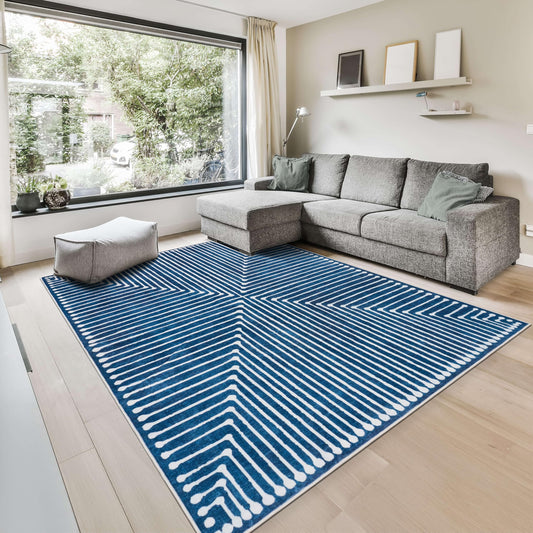 GLN Rugs Contemporary - Assos - Machine Washable Area Rug, Modern Washable, Non Slip, Low Pile Area Rug, Entryway, Hallway, Kitchen Rug - Easy Clean (3' x 5' Lines Blue)