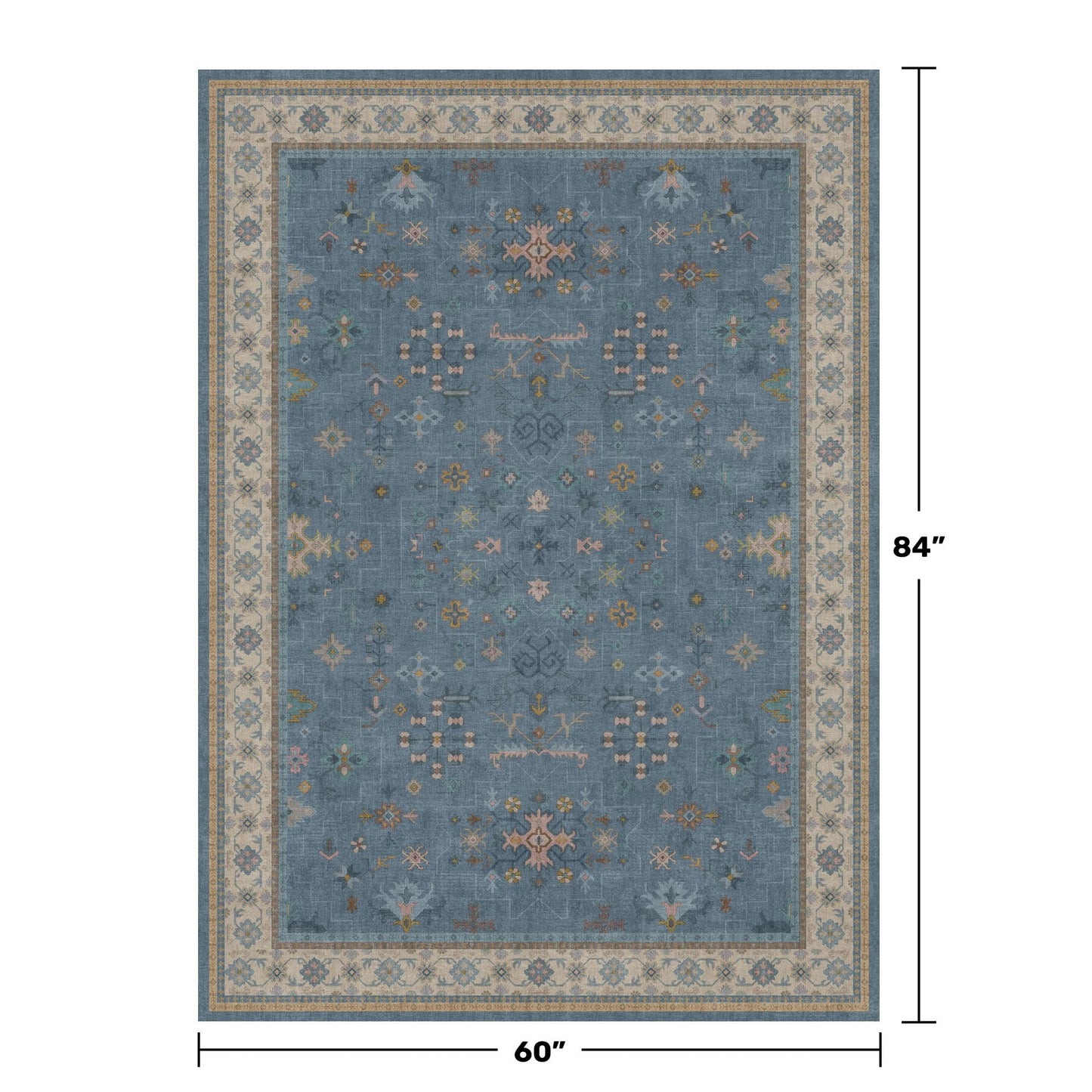 Washable 5x7 Blue Rugs for Kids Room, Boho 5 x 7 Nursery Rug Boys, Colorful Eclectic Low-Pile Carpet for Bedroom, Dining Table, Non-Slip with Rubber Back