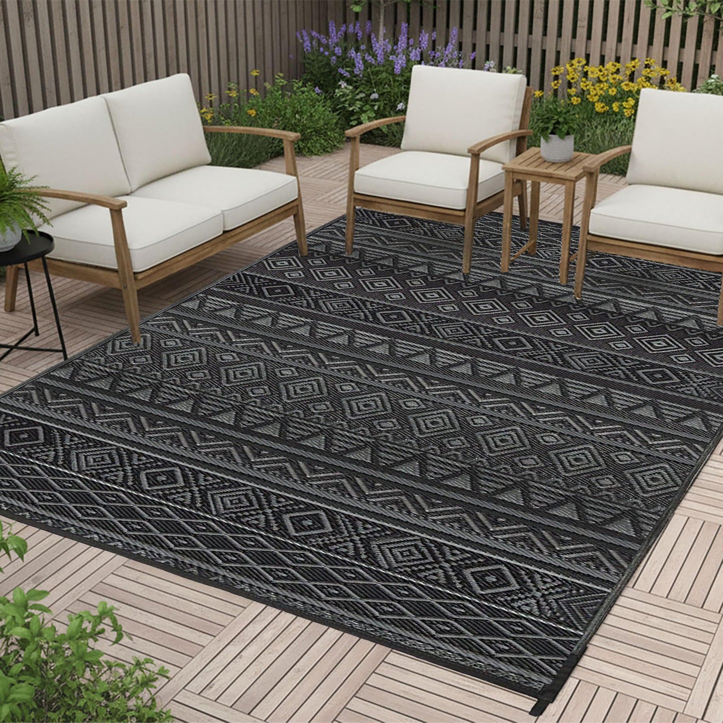 RURALITY Outdoor Rugs 5'x8' Waterproof for Patios Clearance,Plastic Straw Mats for Backyard,Porch,Deck,Balcony,RV,Black&Grey