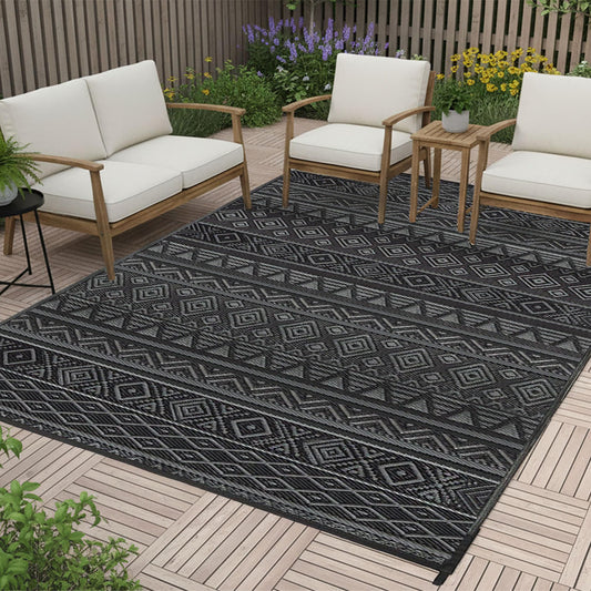 RURALITY Outdoor Rugs 5'x8' Waterproof for Patios Clearance,Plastic Straw Mats for Backyard,Porch,Deck,Balcony,RV,Black&Grey