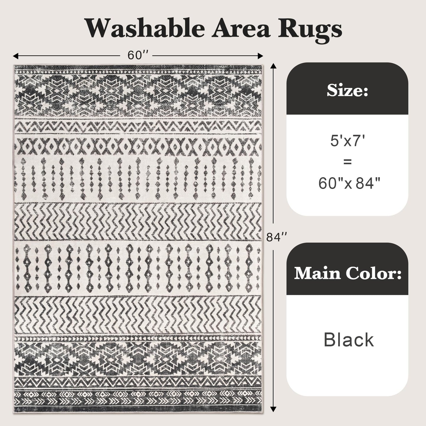 Art&Tuft Area Rug 5x7, Super Soft Ultra-Thin Moroccan Washable Anti-Slip Backing Rugs for Living Room, Foldable, Geometric, Machine Washable (5'x7', Black)