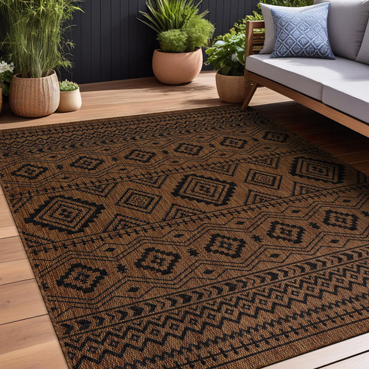 Beverly Rug Waikiki Boho Indoor Outdoor Rug 5x7, Washable Outside Carpet for Patio, Deck, Porch, Bohemian Area Rug, Farmhouse Rugs, Aztec Tribal Rug, Nut Brown and Black