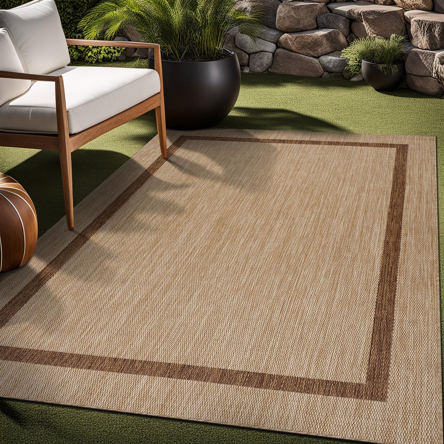 Luul Home Bordered Outdoor Rug 6x9 Washable Outside Carpet for Indoor Patio Porch Waterproof Easy Cleaning Non Shedding Area Rugs Jute Beige - Nut Brown 6 x 9