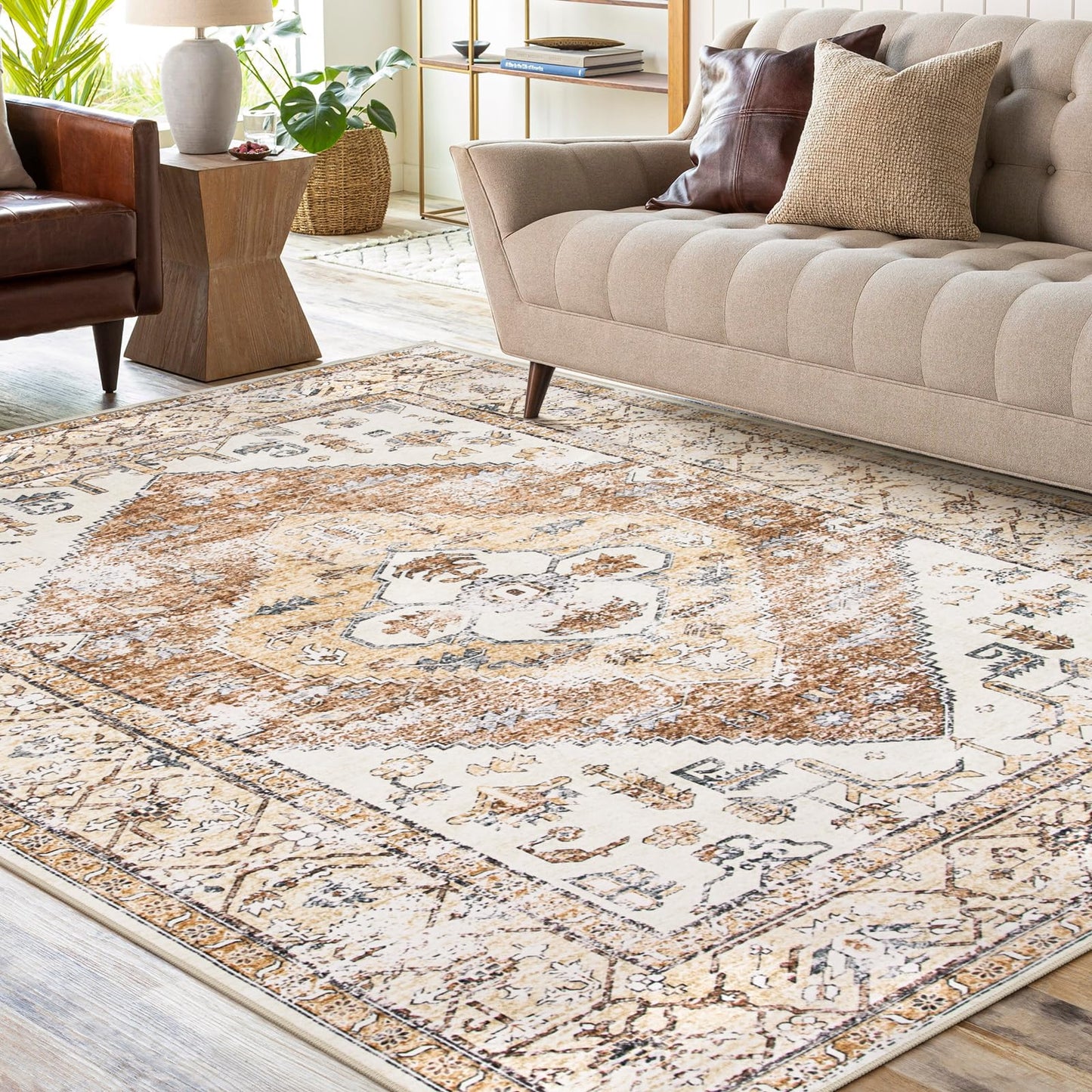 Lahome Washable Living Room Area Rugs 8x10 - Boho Ultra-Thin Non-Slip Bedroom Rug 8x10 Under Bed, Farmhouse Neutral Print Floor Carpet for Dining Room Office Adelyn (Taupe,8'x10')