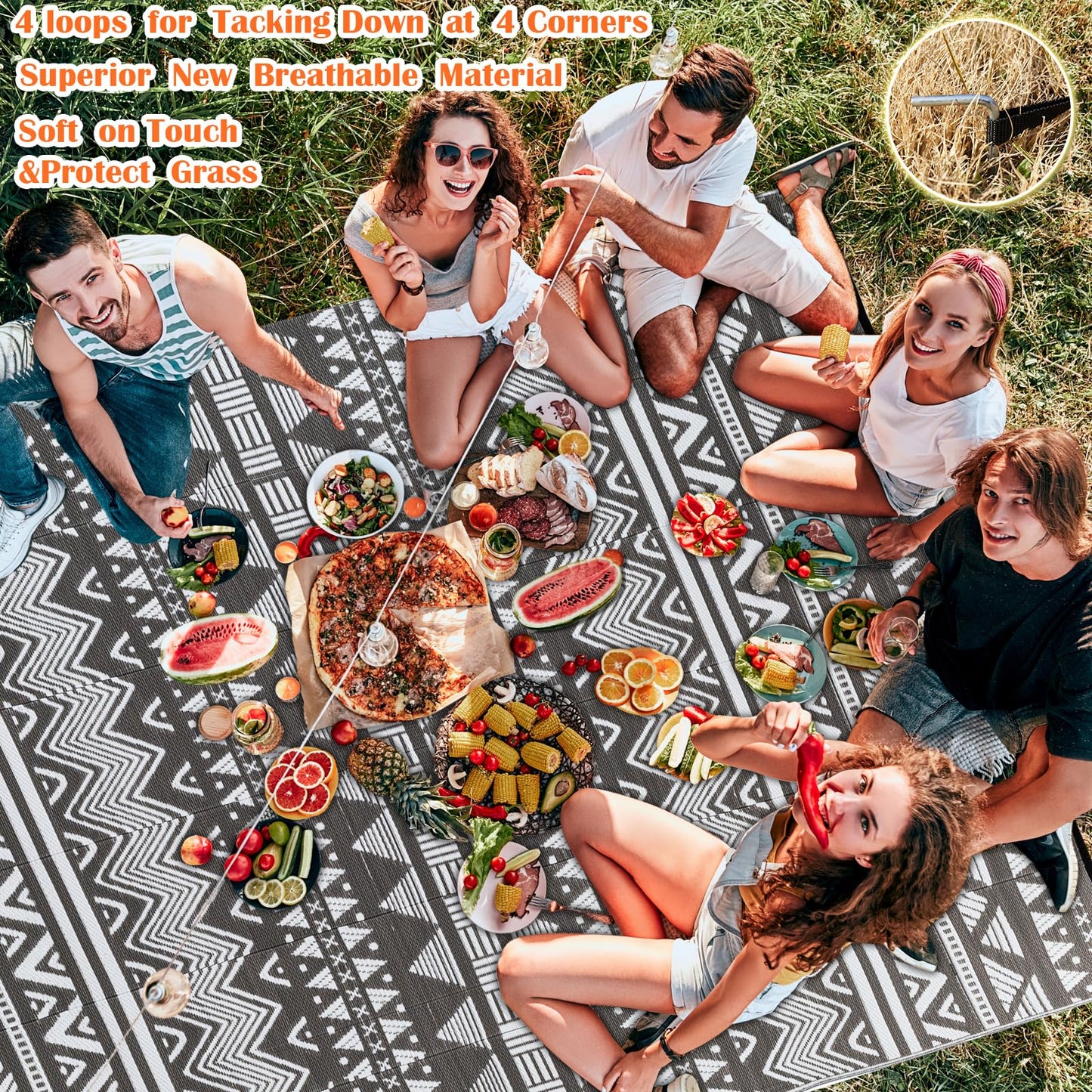 Outdoor Patio Rugs 8x10 Waterproof Outdoor Plastic Straw Rug Reversible Outdoor Rug 8x10 Clearance Rv Mat UV Fade Resistant ,Stain Resistant, Grey White Outside Rug for Deck,Balcony,Camping,Pool
