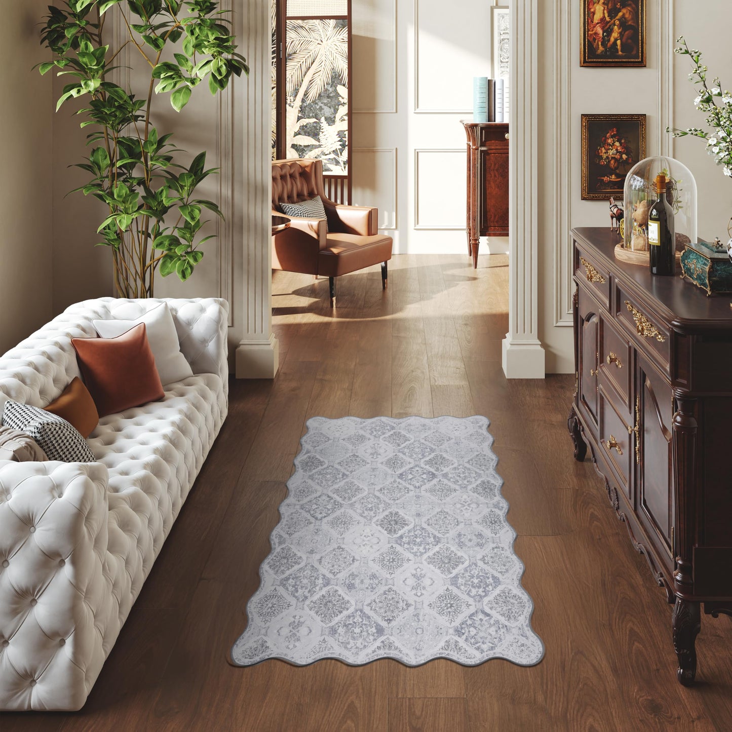 Clemile Moroccan 3x5 Area Rug, Unique Scalloped Ultra-Thin Soft Washable Rug, Non-Slip Stain Resistant Lightweight Low-Pile Carpet for Living Room Bedroom Dining Room Office (Light Grey)