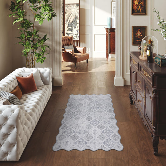 Clemile Moroccan 3x5 Area Rug, Unique Scalloped Ultra-Thin Soft Washable Rug, Non-Slip Stain Resistant Lightweight Low-Pile Carpet for Living Room Bedroom Dining Room Office (Light Grey)