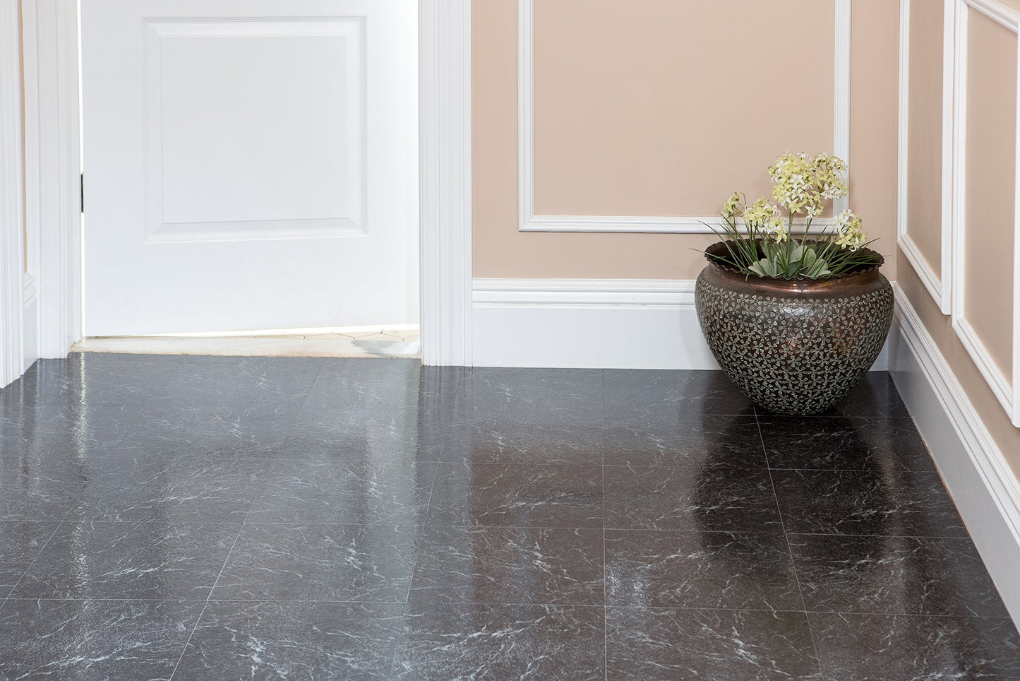 Nexus Self Adhesive 12-Inch Vinyl Floor Tiles, 20 Tiles - 12" x 12", Black w/White Vein Marble Pattern - Peel & Stick, DIY Flooring for Kitchen, Dining Room, Bedrooms & Bathrooms by Achim Home Decor